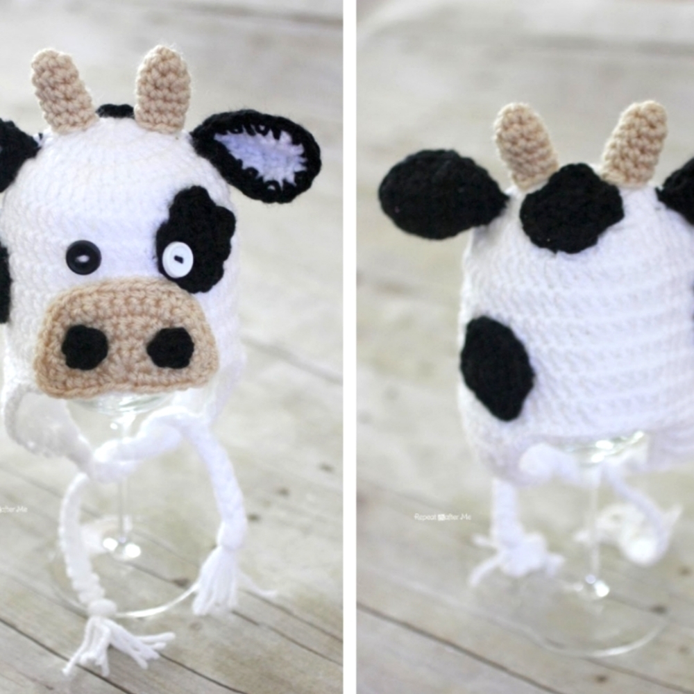 Handmade Crochet Cow Hat and Diaper Cover, Newborn Picture, Adjustable, Costume